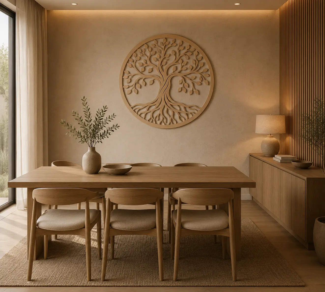 Árbol de la Vida de madera como decoración mural en un comedor