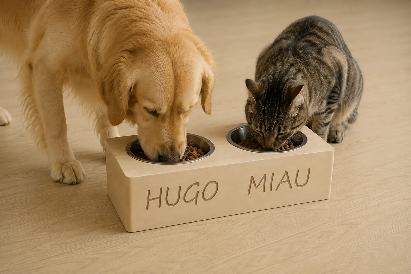 Perro y gato usando un comedero elevado doble de madera personalizado