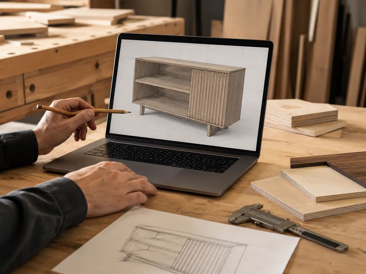 Diseño de un mueble de madera en 3D antes de preparar su fabricación CNC