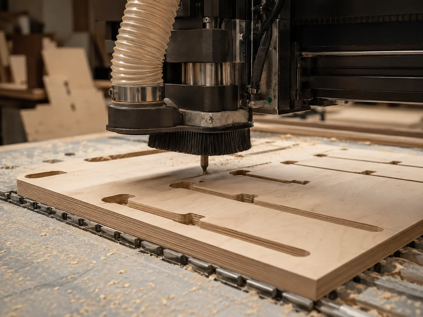 Máquina CNC mecanizando piezas de contrachapado
