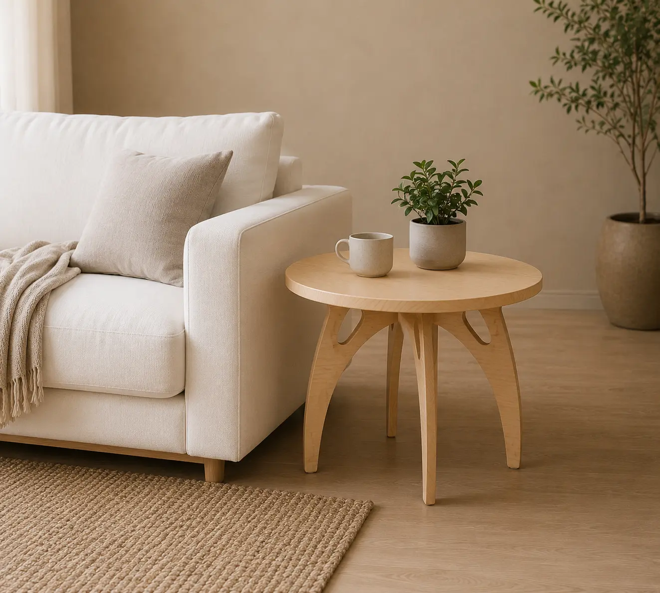 Mesa auxiliar Astra de madera natural junto a un sofá