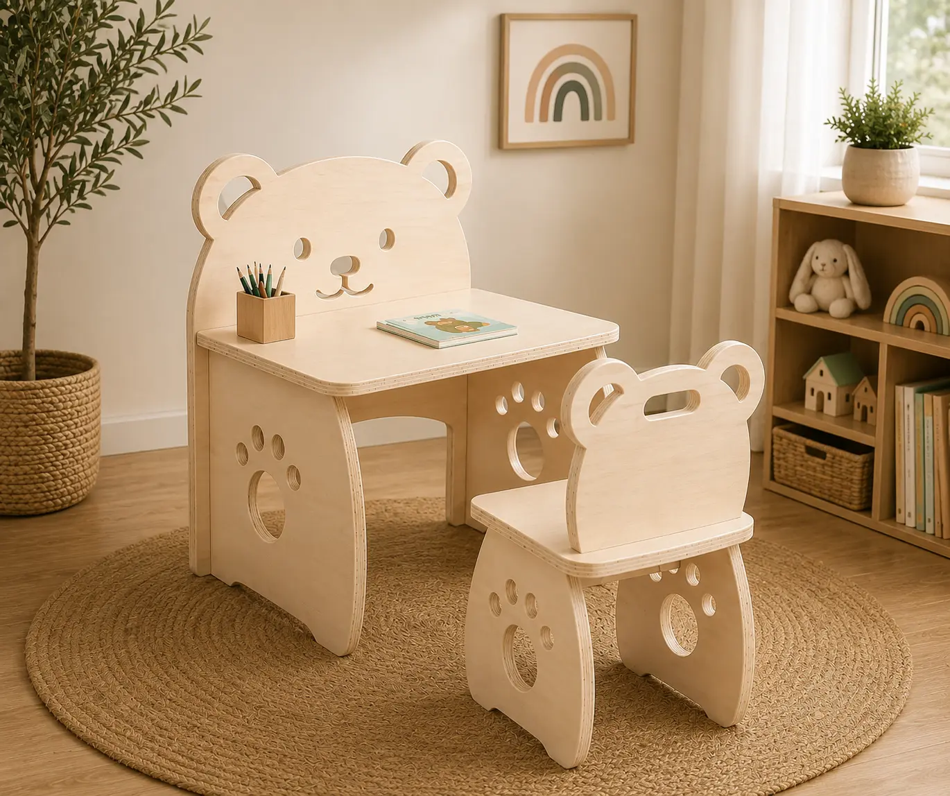 Escritorio infantil Montessori Mesa Bear de madera con silla