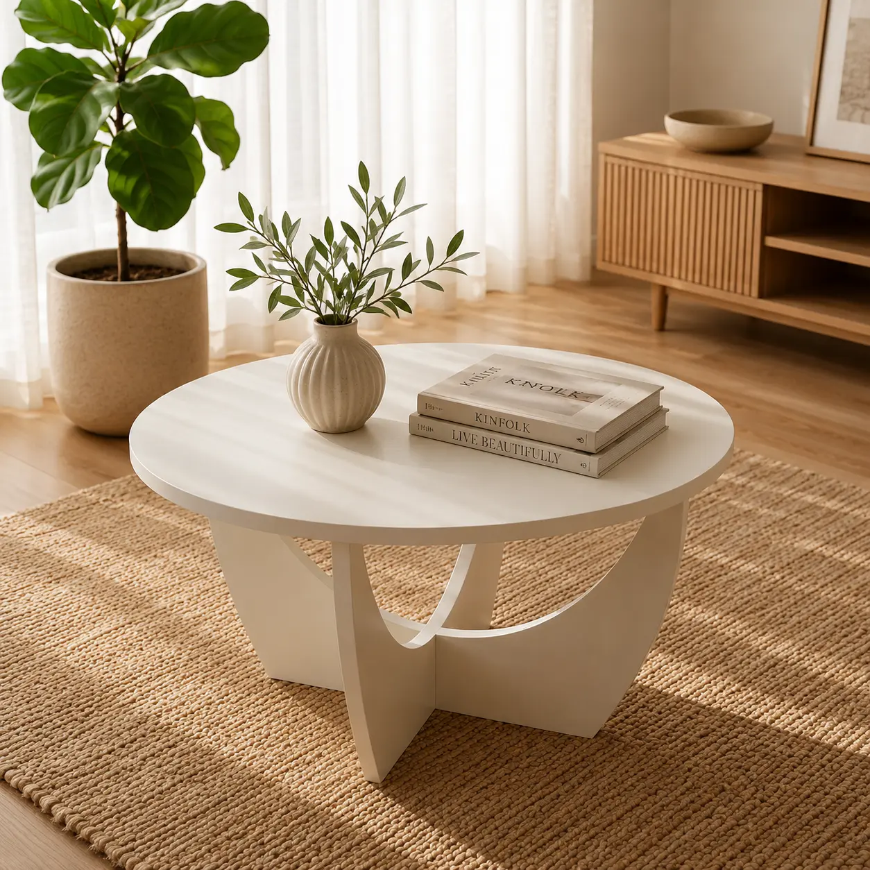 Mesa de centro ovalada de madera en un salón Japandi