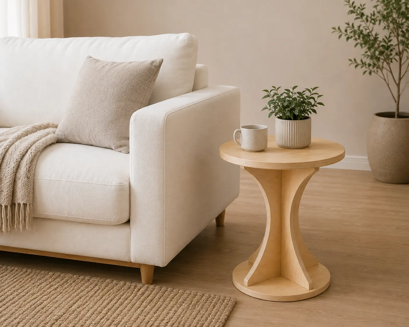 Mesa auxiliar Nexo de madera natural junto a un sofá