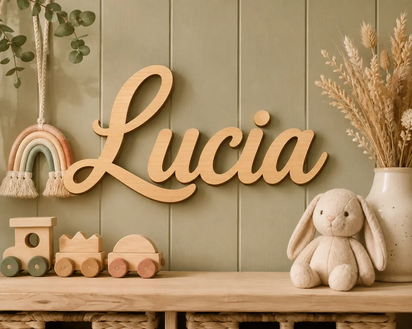 Nombre Lucía recortado en madera natural para pared