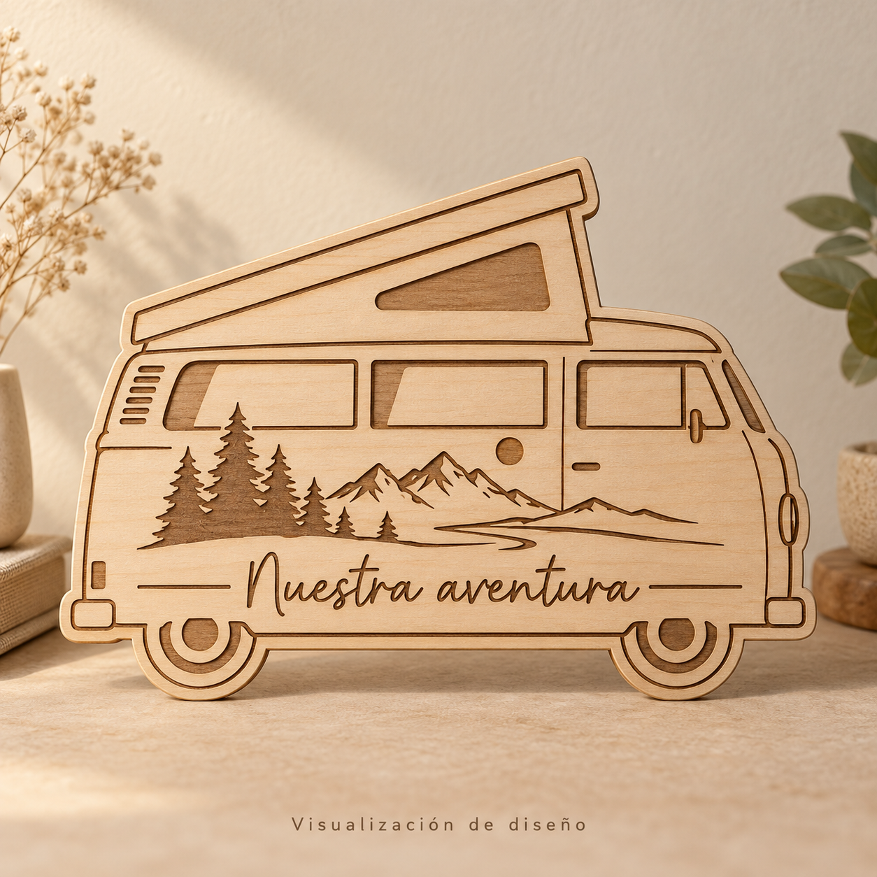 Propuesta visual generada con IA de cartel camper personalizado de madera