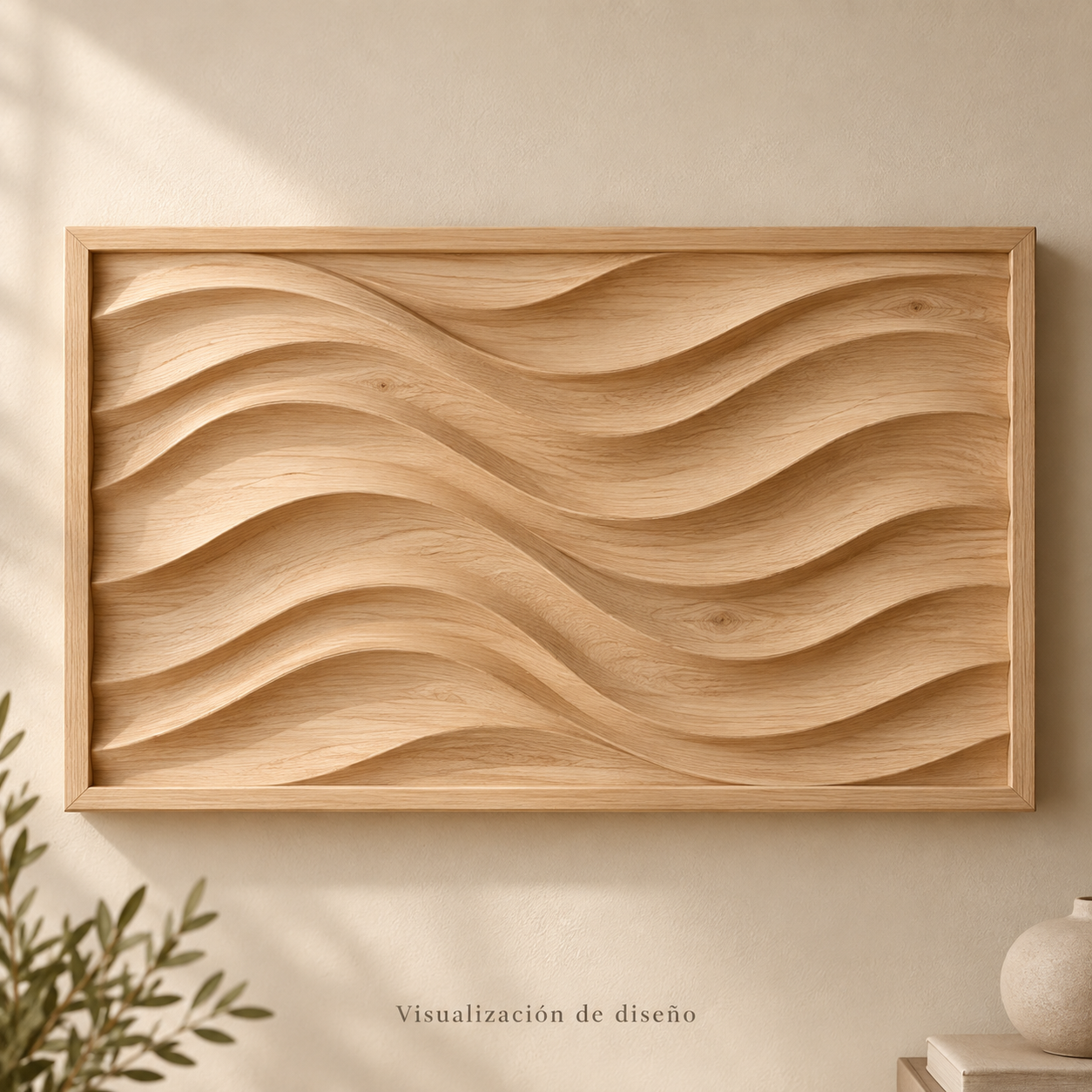 Visualización de diseño generada con IA: propuesta de cuadro en madera